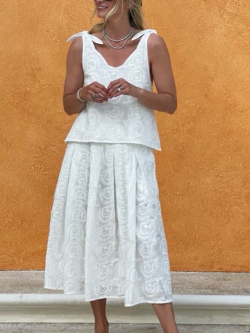 Buru White Embroidered Cotton Midi Skirt & Tank Set Top/M Skirt/S